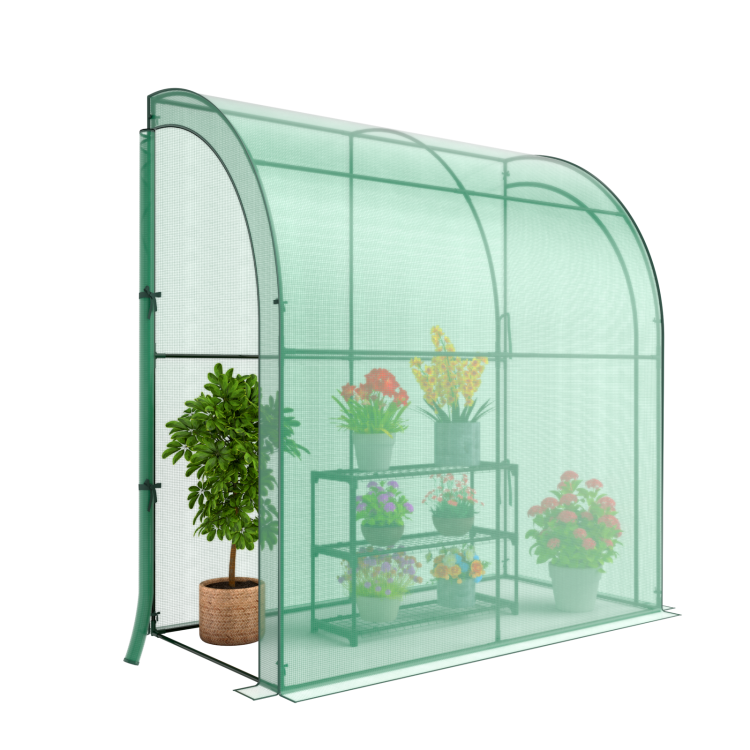 Green greenhouse with plants inside on a white background