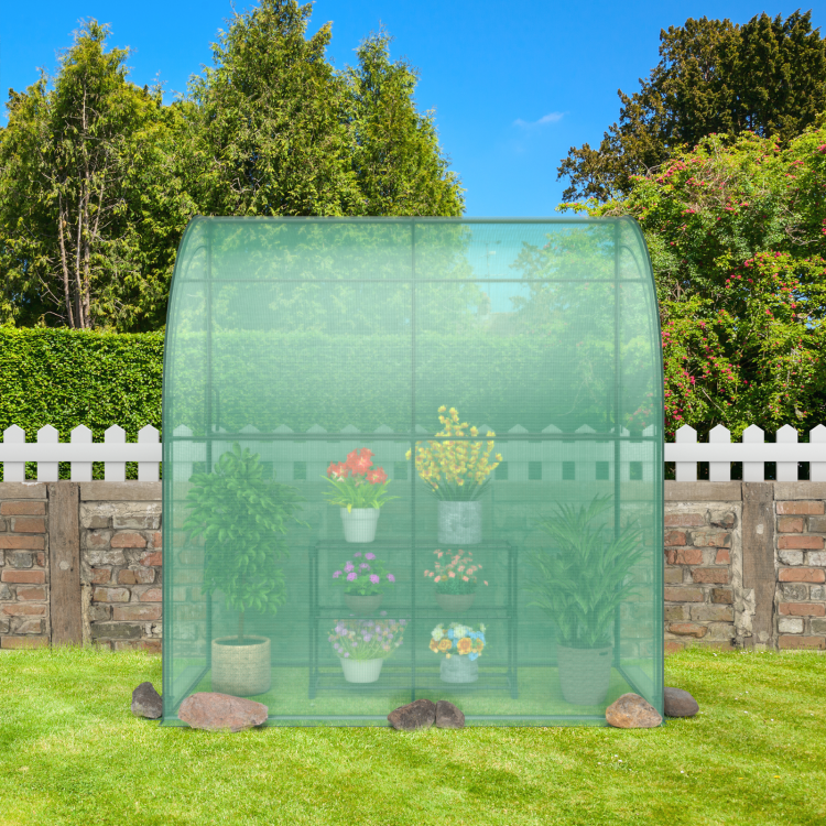 Green greenhouse with plants on a grassy area with trees and a white fence in the background