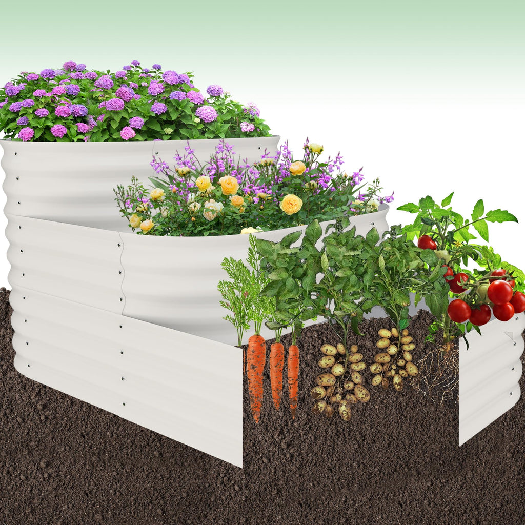 White raised garden bed with plants, flowers, and vegetables on a light green background