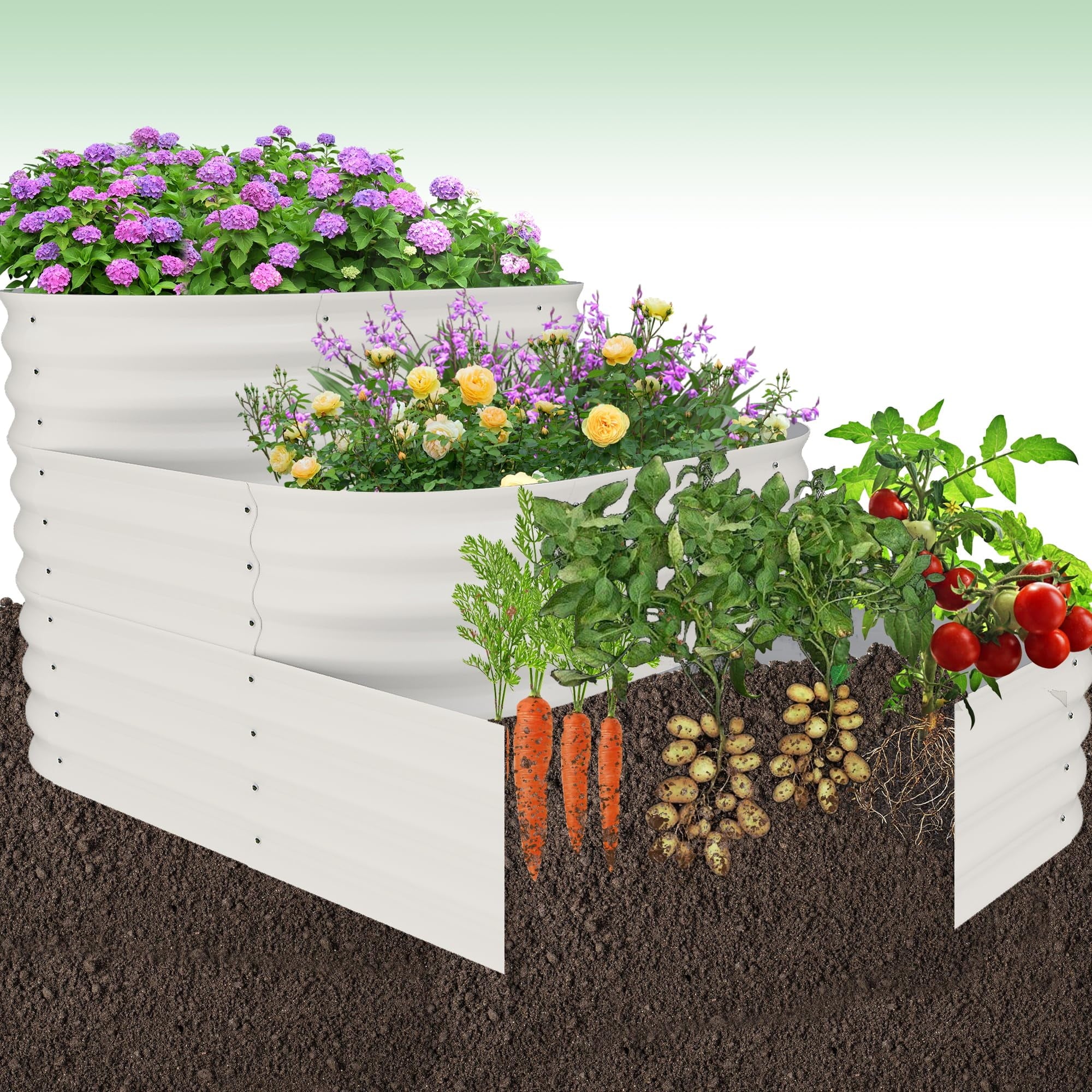 White raised garden bed with plants, flowers, and vegetables on a light green background