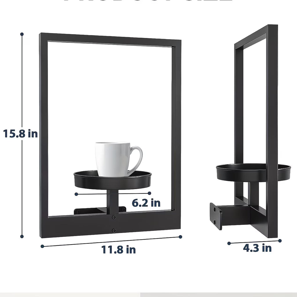 Black wall shelf with dimensions and a white mug on a white background