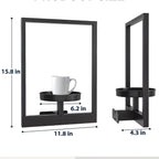 Black wall shelf with dimensions and a white mug on a white background
