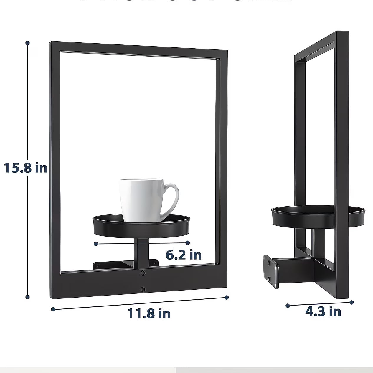 Black wall shelf with dimensions and a white mug on a white background