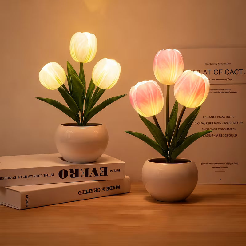 Two potted plant night lamps with illuminated flowers on a wooden surface.