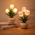 Two potted plant night lamps with illuminated flowers on a wooden surface.