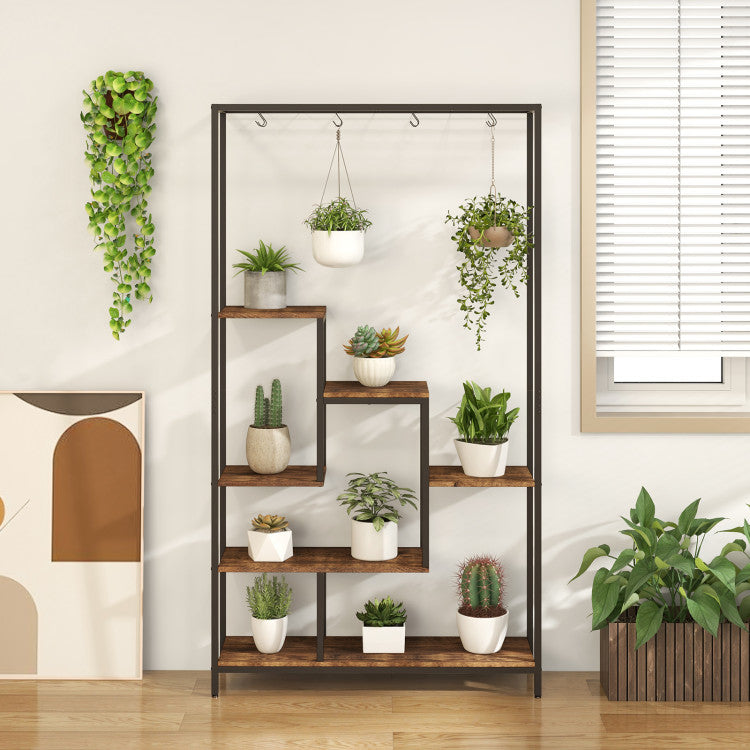 6-Tier Tall Plant Stand with Hooks | Indoor Metal Plant Shelf