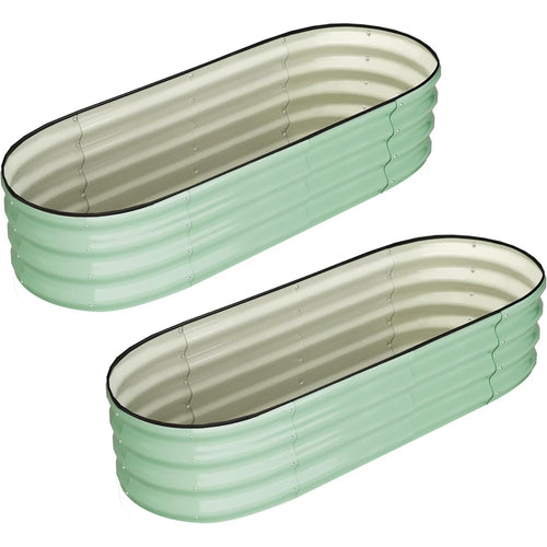 Two green ribbed planters with beige interior on a white background