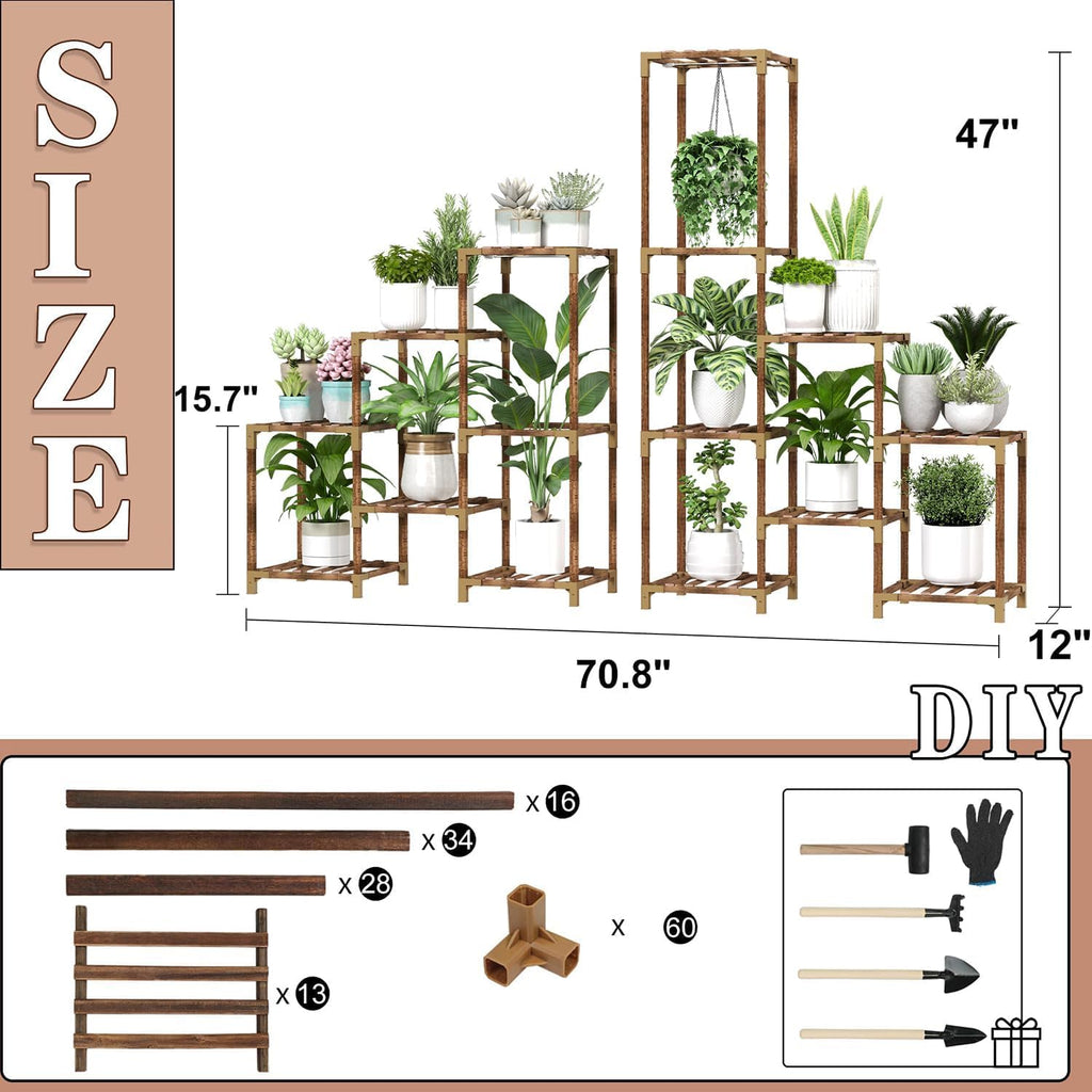Wooden plant stand with plants, dimensions, and DIY tools shown.