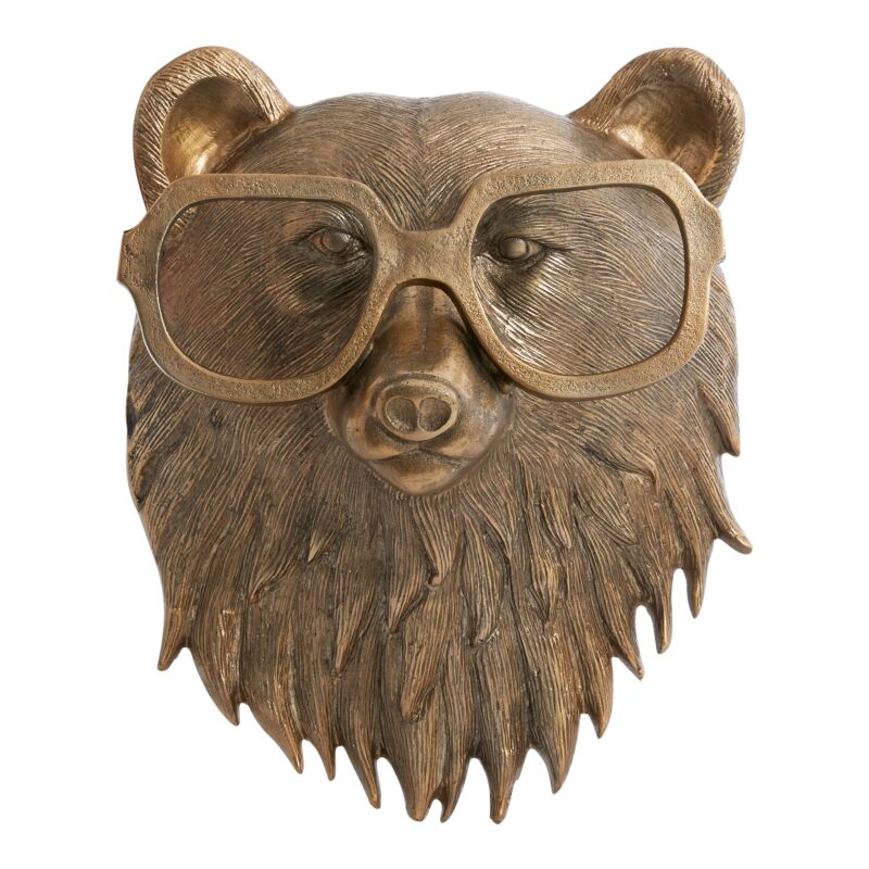 Bronze bear head wall decoration with sunglasses on a white background