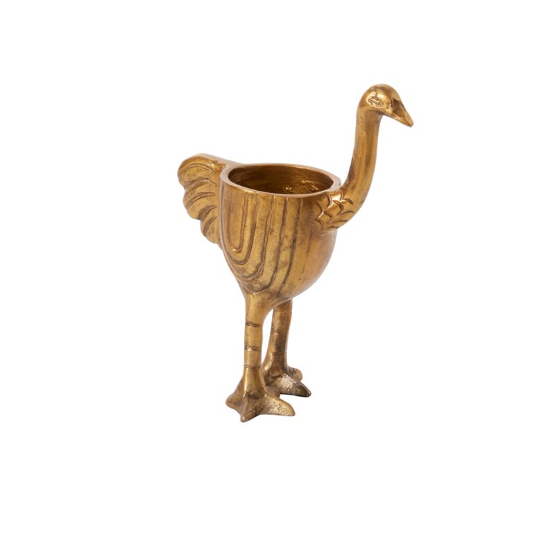 Gold ostrich-shaped planter on a white background