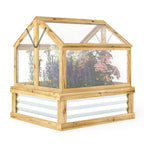 Wooden greenhouse with transparent roof and sides, containing plants on a white background