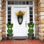 White front door with decorative plants on a stone porch