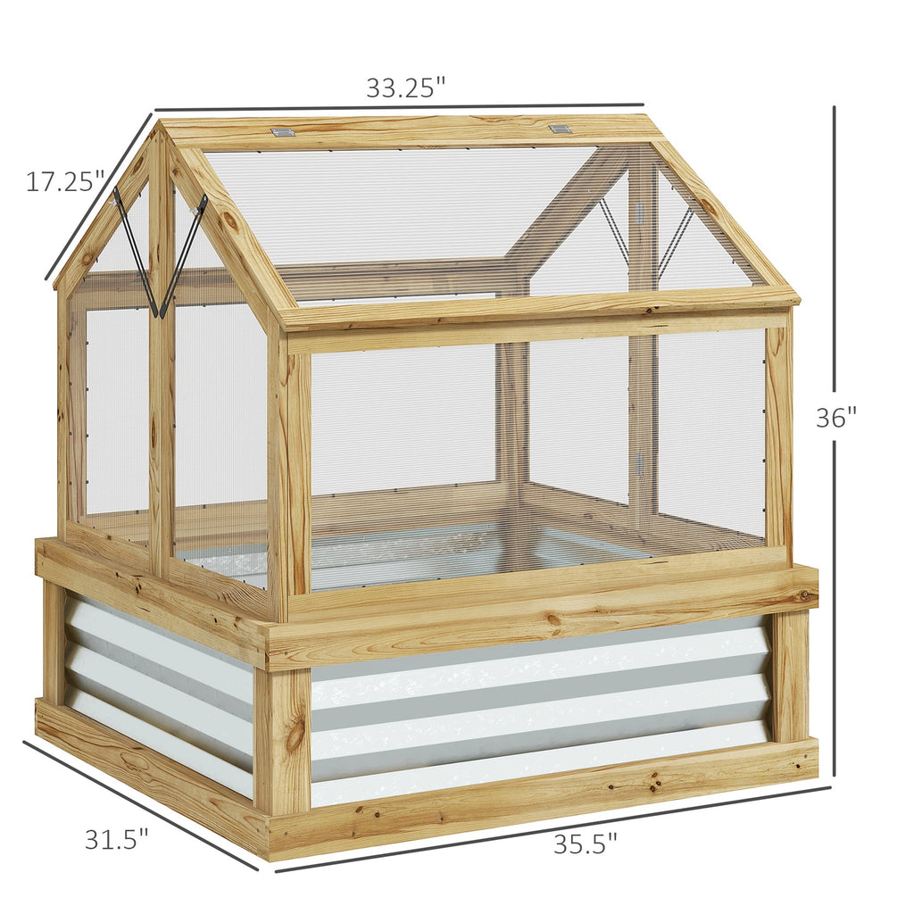 Wooden greenhouse with dimensions labeled on a white background