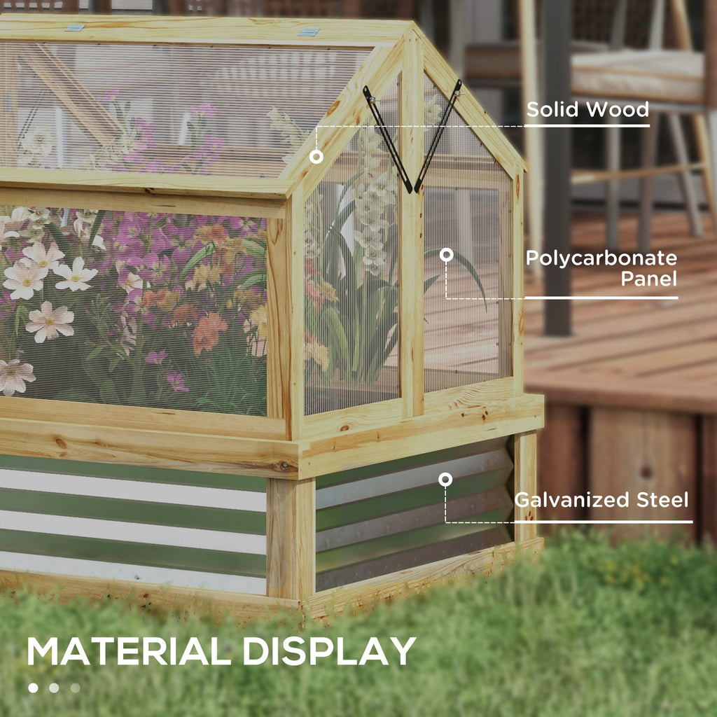 Wooden greenhouse with labeled materials on a grassy background