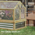 Wooden greenhouse with labeled materials on a grassy background