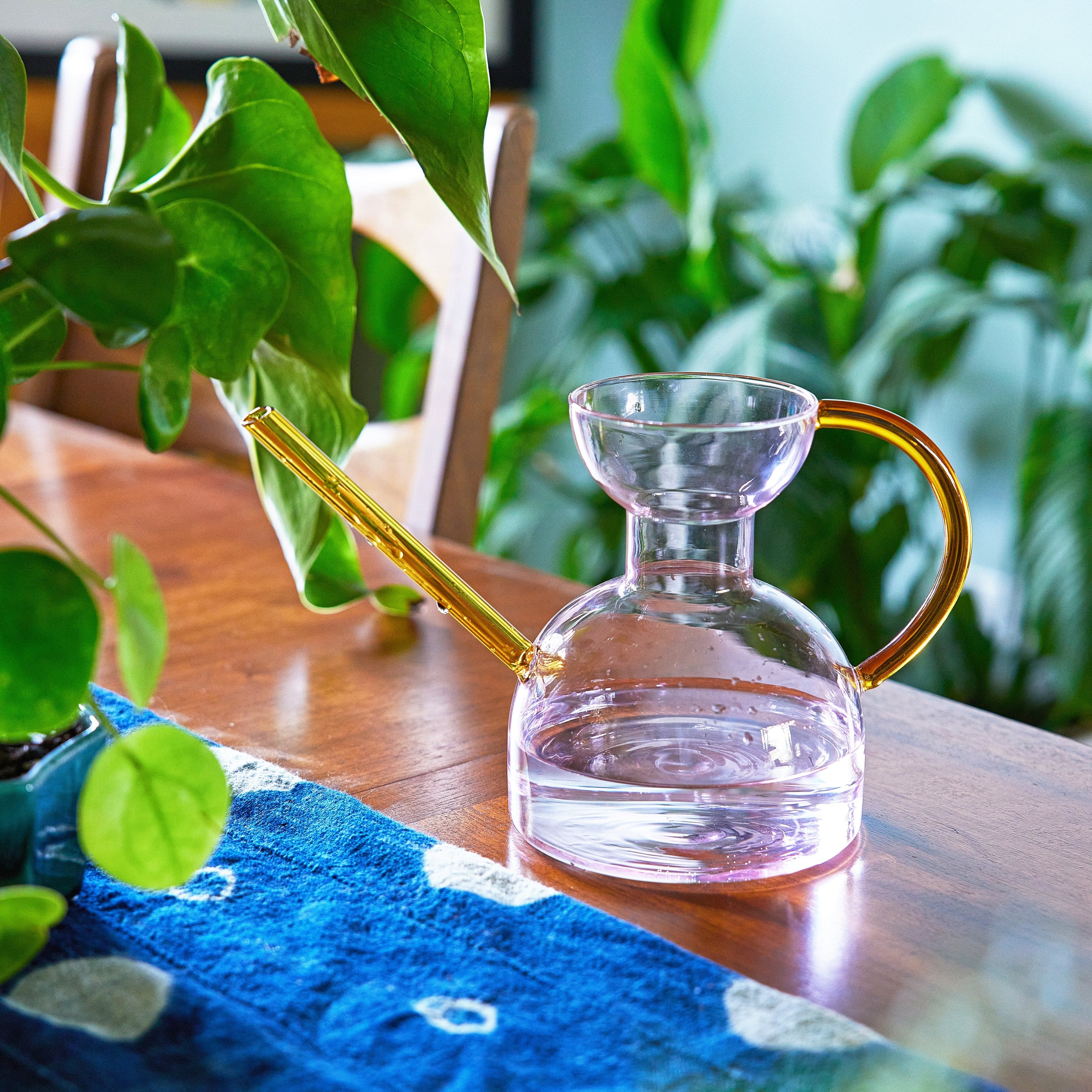 Clear glass watering can with gold accents on a wooden table with plants in the background