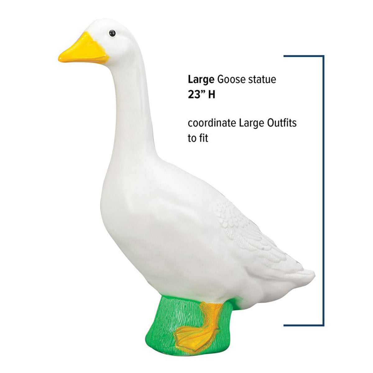 Large white porch goose statue with green feet on a white background