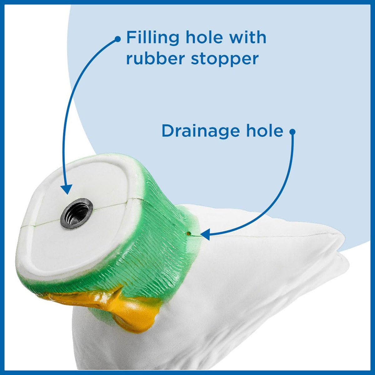 Product with labeled filling and drainage holes on a blue background - Porch Goose