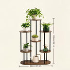A 7-tier wooden and metal plant stand with a rustic finish, shown holding various potted green plants and a white teapot. Black dimension lines indicate its height of 150cm (59 in). 