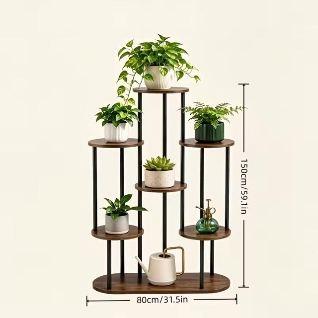 A 7-tier wooden and metal plant stand with a rustic finish, shown holding various potted green plants and a white teapot. Black dimension lines indicate its height of 150cm (59 in). 