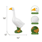 White goose decoy with measurements and feature icons on a white background