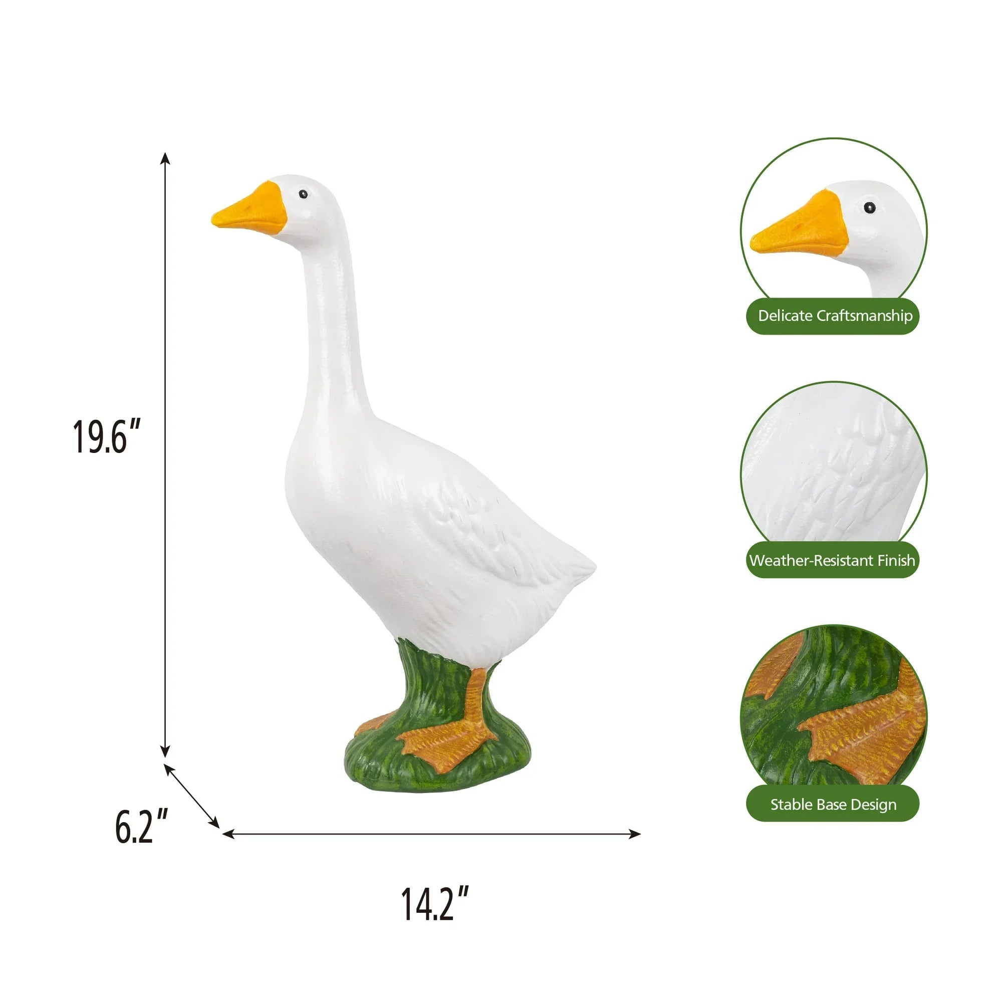 White goose decoy with measurements and feature icons on a white background