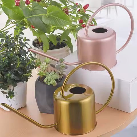Two metal watering cans on a tabletop beside potted plants. The foreground can is matte gold with a long narrow spout and curved handle, and the background can is rose gold with a similar design.