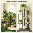 A split comparison graphic showing a plant corner before and after organization. The left side, labeled 'Cluttered Space,' shows many potted plants arranged haphazardly in a room.
