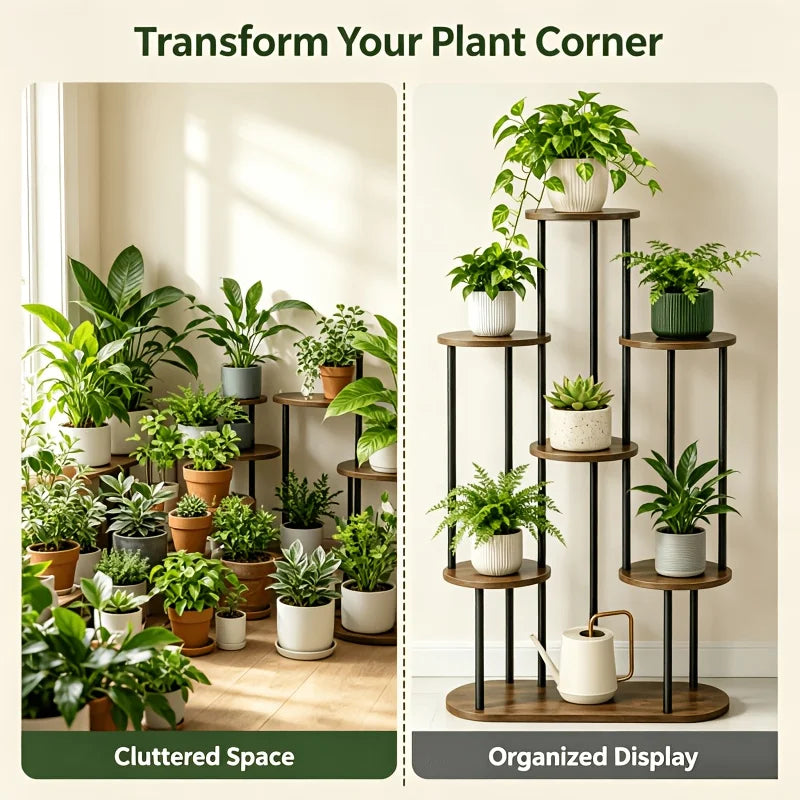 A split comparison graphic showing a plant corner before and after organization. The left side, labeled 'Cluttered Space,' shows many potted plants arranged haphazardly in a room.