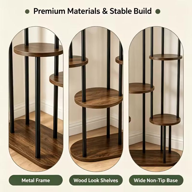 Three oval product detail panels on a beige background showing a multi-tier corner shelf with wood-look shelves and a black metal frame. Text at the top reads 'Premium Materials & Stable Build,' with labels at the bottom: 'Metal Frame,' 'Wood Look Shelves,' and 'Wide Non-Tip Base.