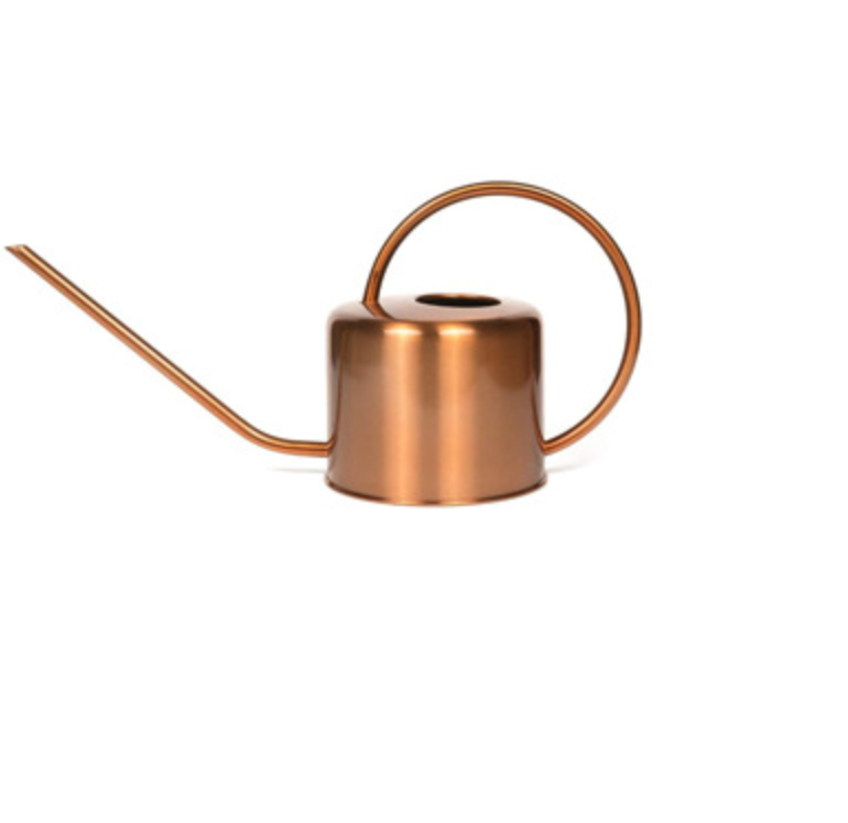 A copper-colored metal watering can with a long, slender spout and a curved handle, shown on a plain white background.