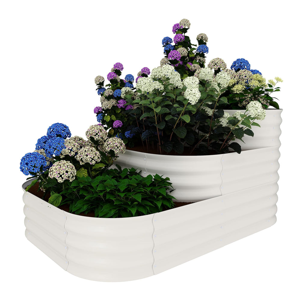 White raised garden bed with plants and flowers on a white background