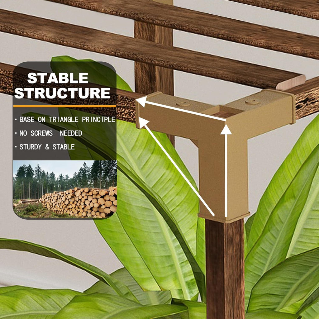 Wooden plant stand with stable structure feature highlighted, surrounded by green leaves.
