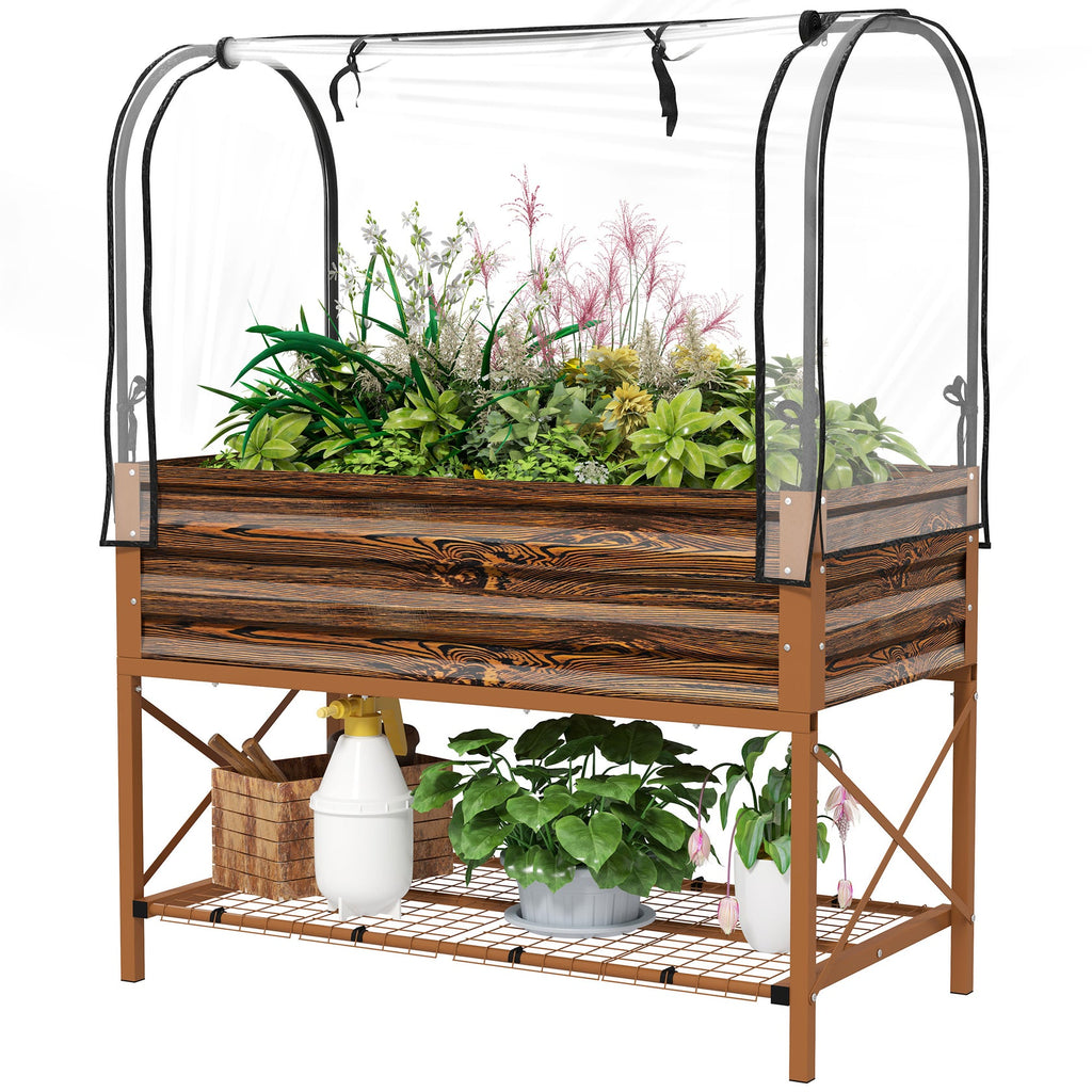 Wooden raised garden bed with clear cover and plants on a white background