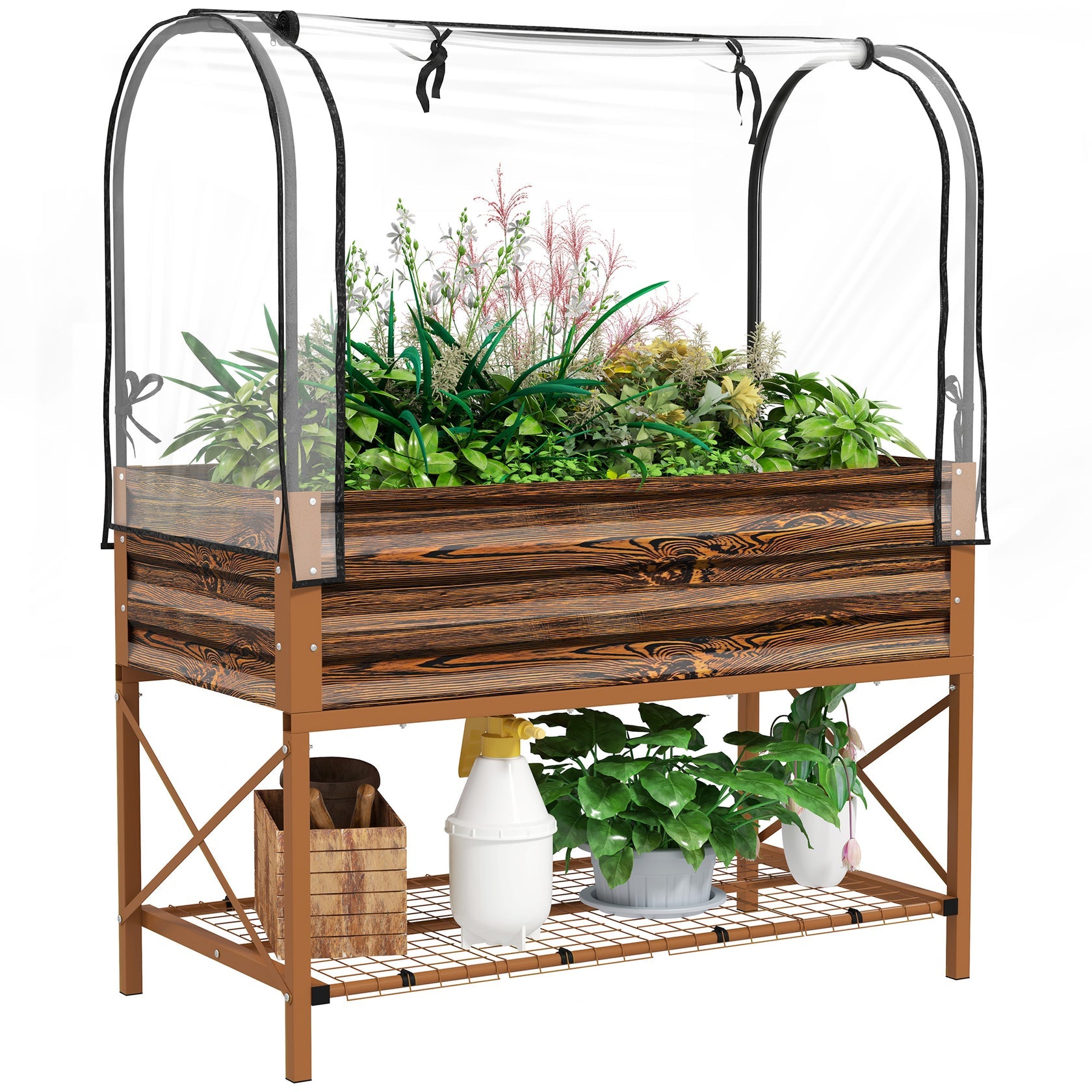 Wooden raised garden bed with transparent cover filled with plants on a white background