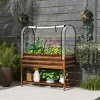 Wooden raised garden bed with transparent cover in a garden setting