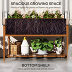 Wooden plant stand with top and bottom shelves, featuring plants and gardening tools.