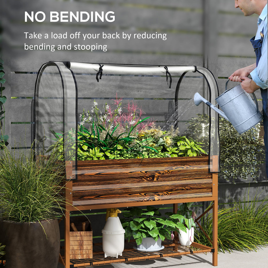 Wooden greenhouse with plants inside, person watering plants outside, text 'No Bending' on top.