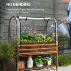 Wooden greenhouse with plants inside, person watering plants outside, text 'No Bending' on top.