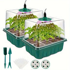 The image shows a Seed Starter Kit which includes two green seed starting trays with soil and seedlings, a humidity dome, a USB power cable, and additional accessories such as a thermometer and a pair of tweezers.