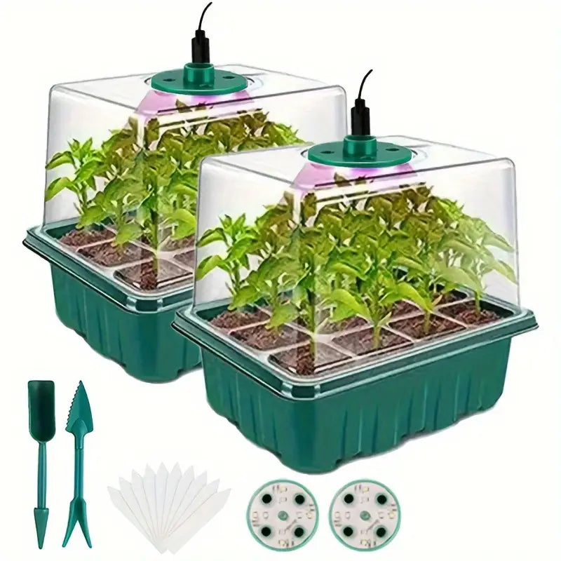 The image shows a Seed Starter Kit which includes two green seed starting trays with soil and seedlings, a humidity dome, a USB power cable, and additional accessories such as a thermometer and a pair of tweezers.