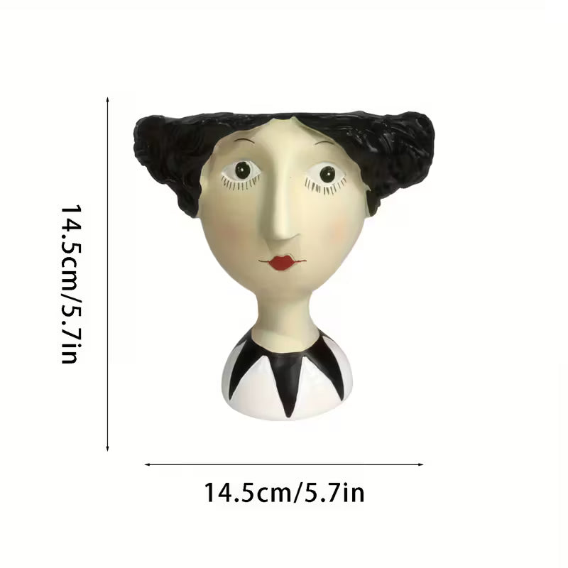 Decorative head with black hair and red lips, shown with dimensions on a white background
