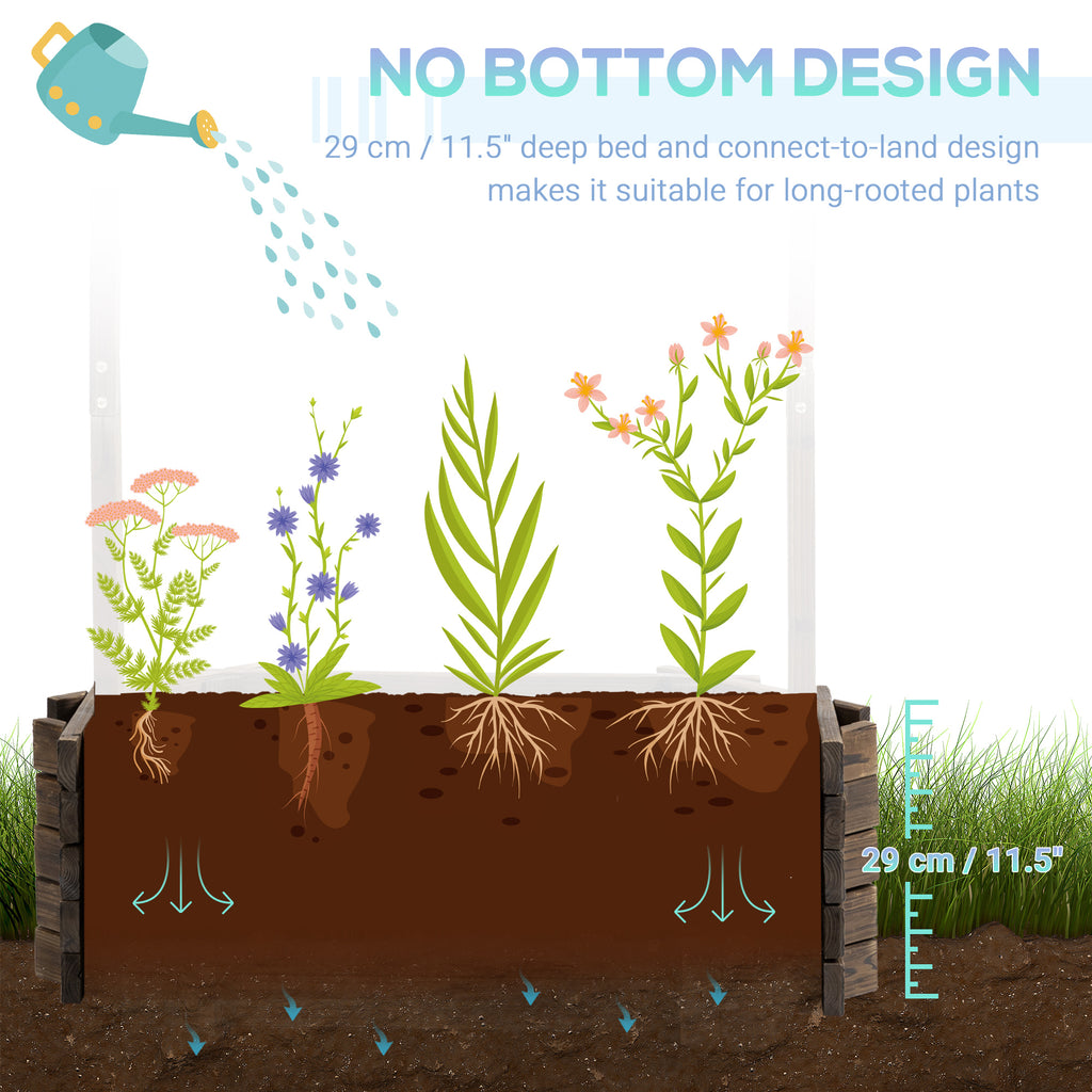 Gardening bed with plants and watering can, labeled 'No Bottom Design' with measurements.
