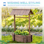 Wooden wishing well with plants in a garden setting, styled like a fairy tale book scene.