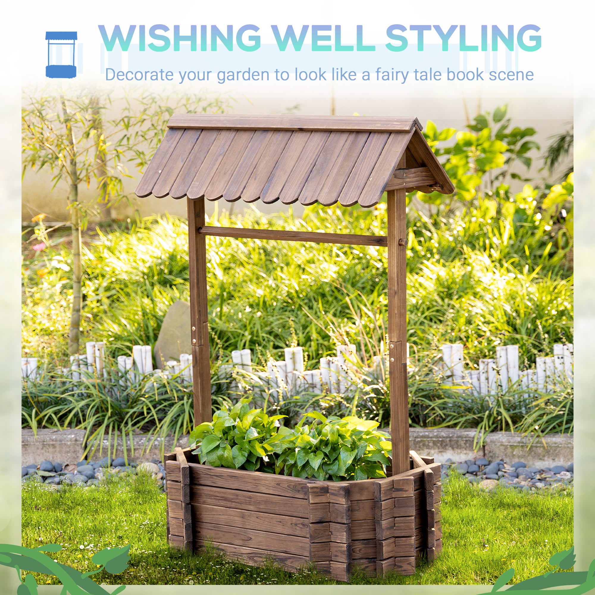 Wooden wishing well with plants in a garden setting, styled like a fairy tale book scene.