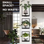 Wall with framed planters and decorative items, promoting a no-waste wall art solution.