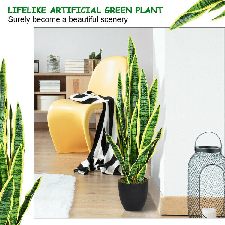 Artificial green plant in a modern living room setting with a yellow chair and decor items.