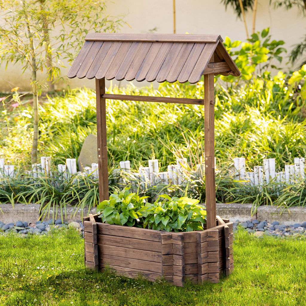 Cottage wishing well raised garden bed planter with wooden roof