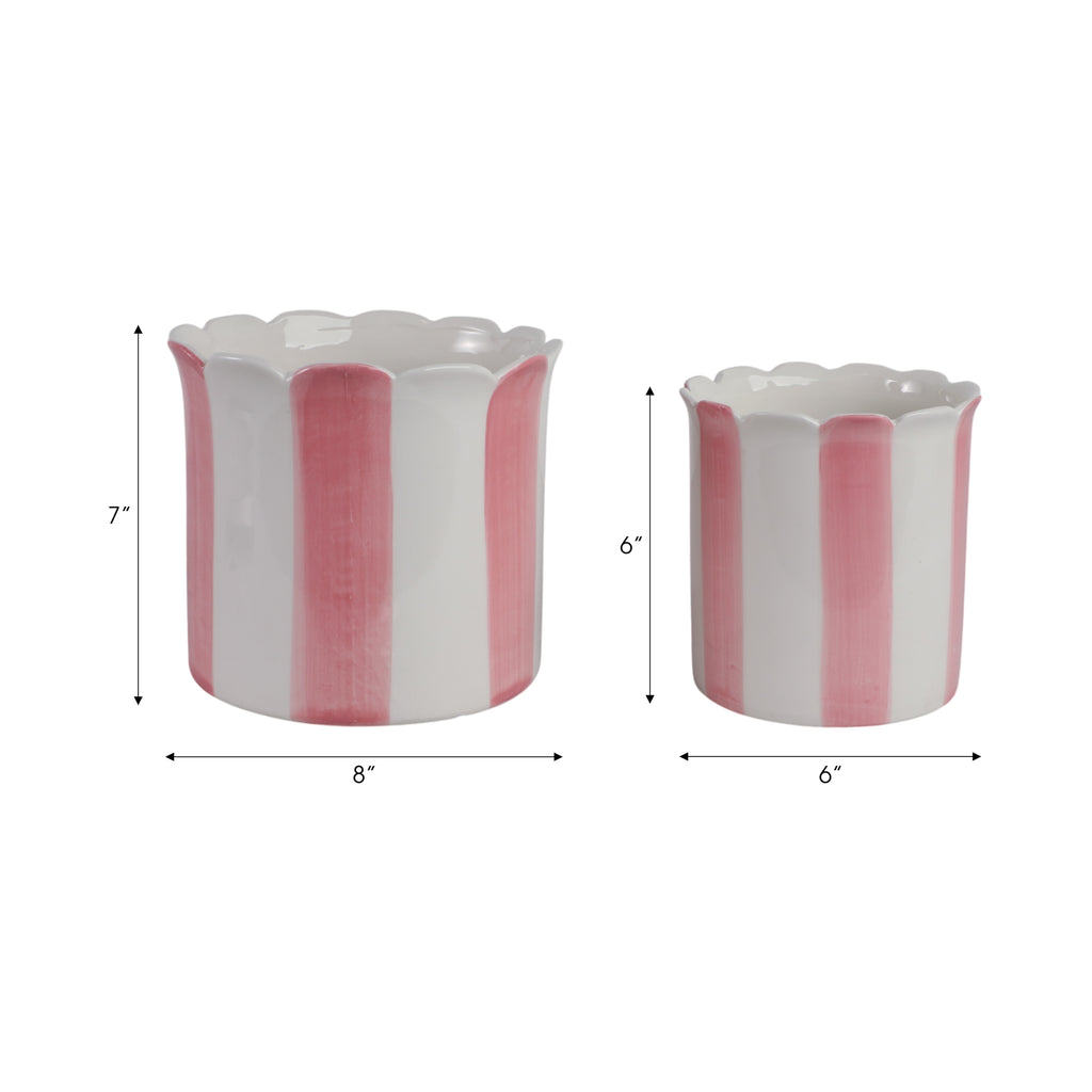 Two ceramic planters with pink and white stripes and scalloped edges, with measurements indicated.