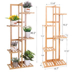 Wooden plant stand with plants and dimensions on a white background